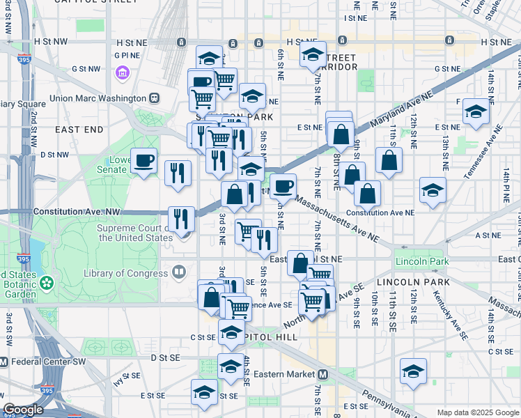 map of restaurants, bars, coffee shops, grocery stores, and more near 101 Independence Avenue Southeast in Washington