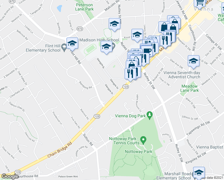 map of restaurants, bars, coffee shops, grocery stores, and more near 2693 Glengyle Drive in Vienna