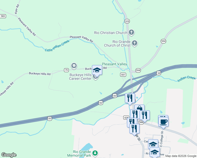 map of restaurants, bars, coffee shops, grocery stores, and more near 351 Buckeye Hills Road in Gallia County