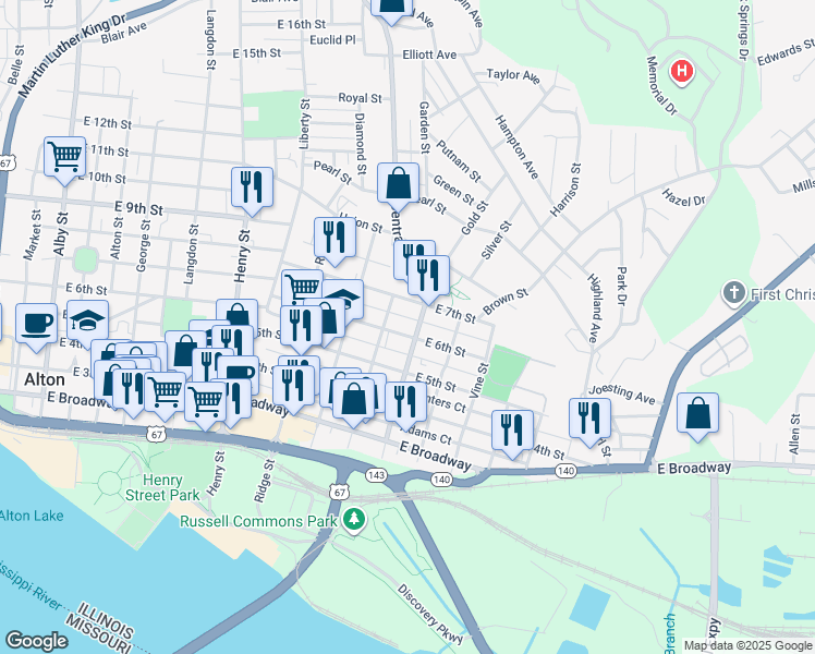 map of restaurants, bars, coffee shops, grocery stores, and more near 605 Central Avenue in Alton