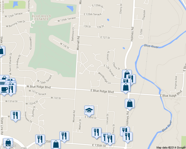 map of restaurants, bars, coffee shops, grocery stores, and more near 217 Woodbridge Lane in Kansas City