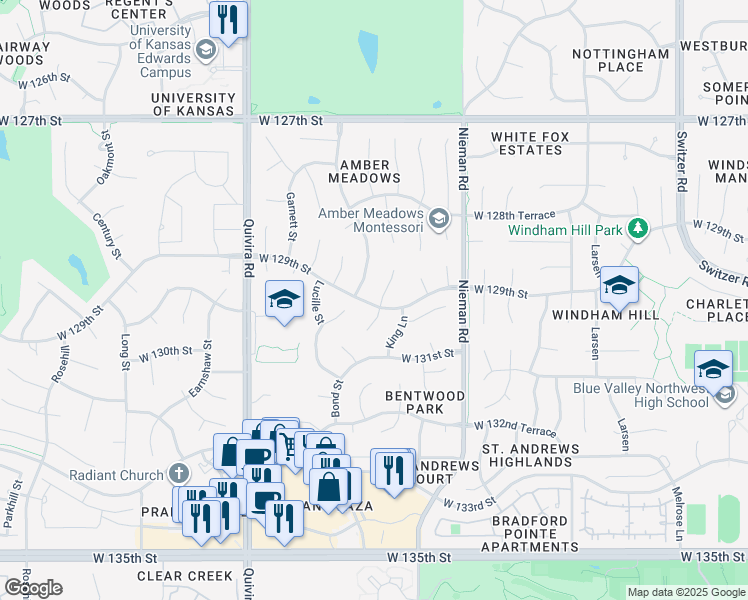 map of restaurants, bars, coffee shops, grocery stores, and more near 12903 Bond Street in Overland Park