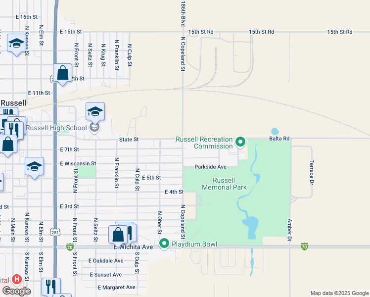 map of restaurants, bars, coffee shops, grocery stores, and more near 970 East 7th Street in Russell