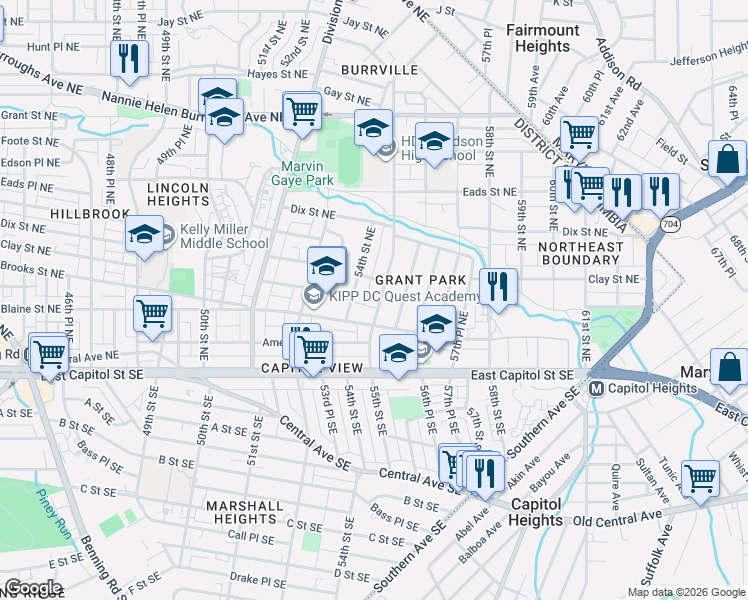 map of restaurants, bars, coffee shops, grocery stores, and more near 218 55th Street Northeast in Washington