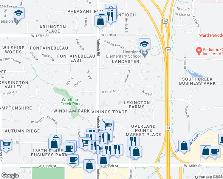 map of restaurants, bars, coffee shops, grocery stores, and more near 13015 Mackey St in Overland Park