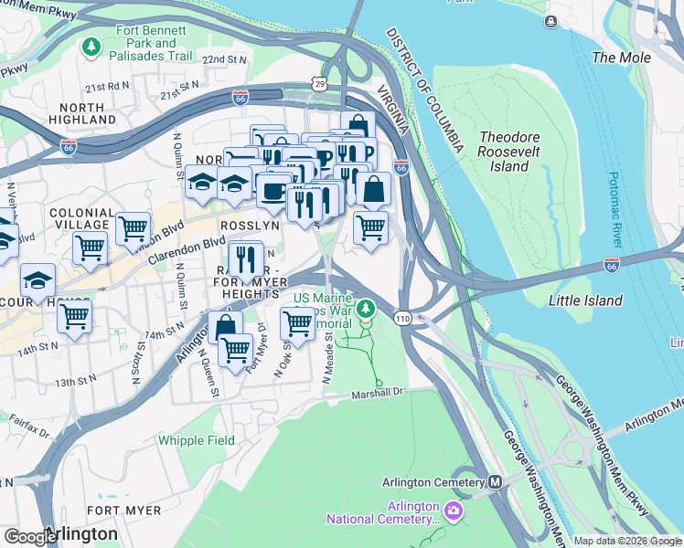 map of restaurants, bars, coffee shops, grocery stores, and more near in Arlington