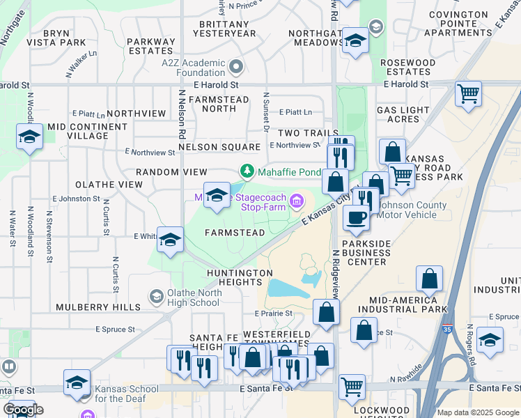 map of restaurants, bars, coffee shops, grocery stores, and more near 1100 East Kansas City Road in Olathe