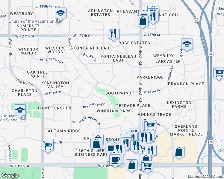 map of restaurants, bars, coffee shops, grocery stores, and more near 9005 West 131st Street in Overland Park
