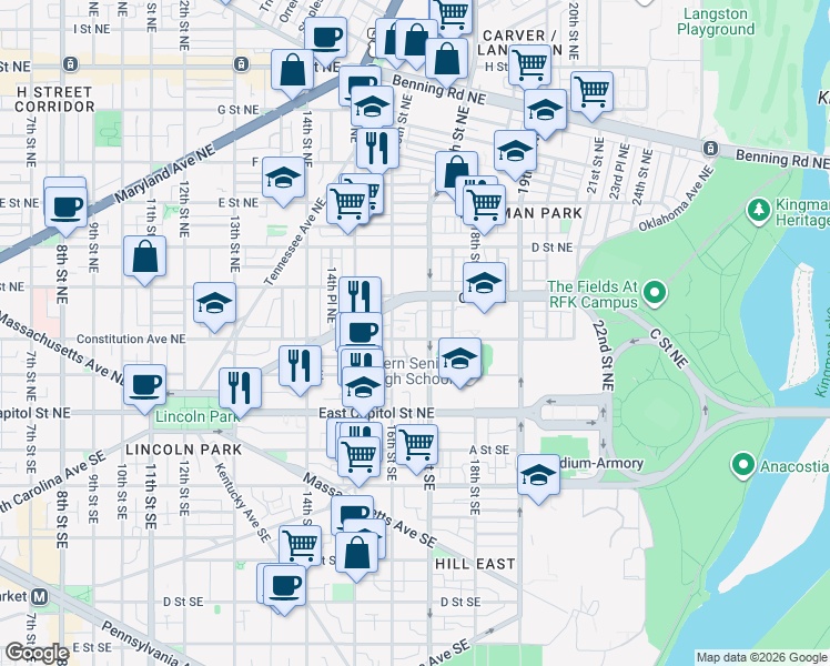 map of restaurants, bars, coffee shops, grocery stores, and more near 101 Independence Avenue Southeast in Washington