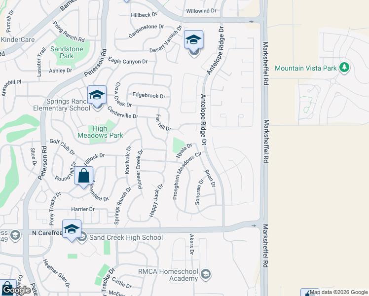 map of restaurants, bars, coffee shops, grocery stores, and more near Nyala Drive in Colorado Springs