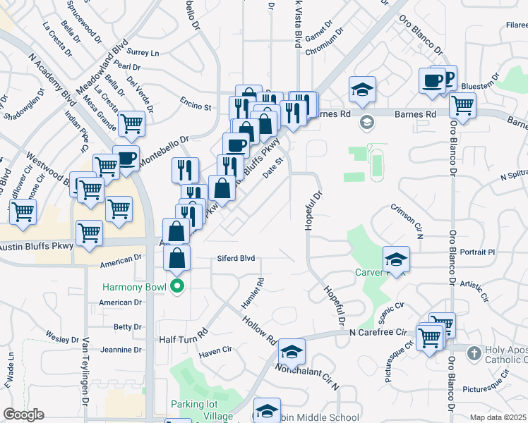 map of restaurants, bars, coffee shops, grocery stores, and more near 4215 Rosalie Street in Colorado Springs