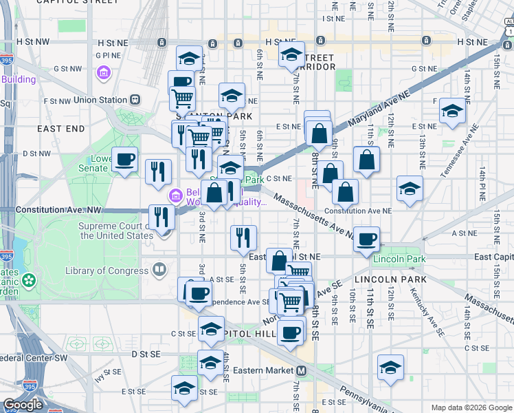 map of restaurants, bars, coffee shops, grocery stores, and more near 101 Independence Avenue Southeast in Washington