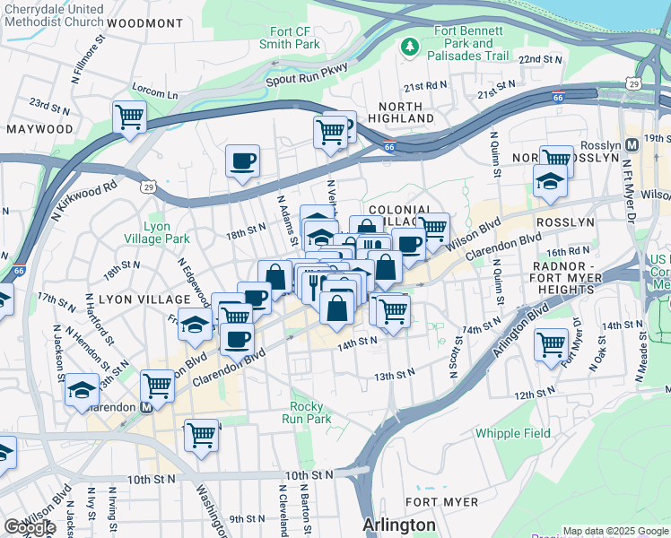 map of restaurants, bars, coffee shops, grocery stores, and more near 2300 16th Street North in Arlington