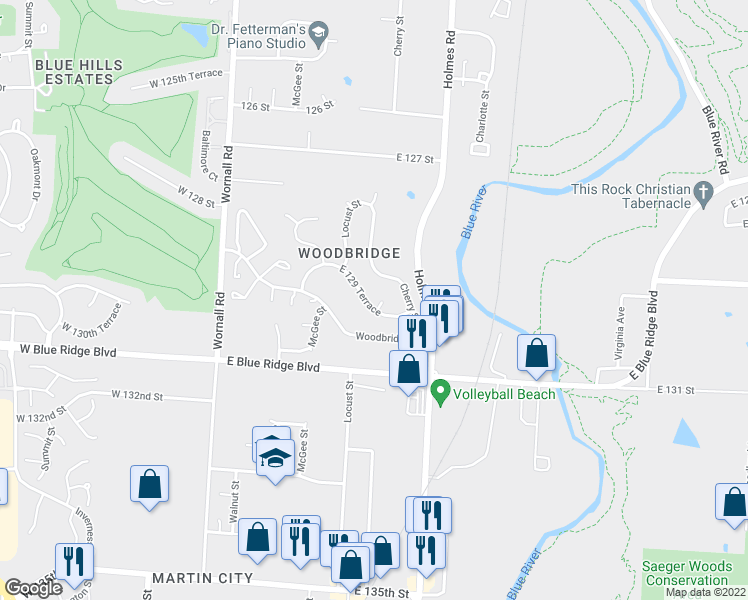 map of restaurants, bars, coffee shops, grocery stores, and more near 528 East 129 Terrace in Kansas City