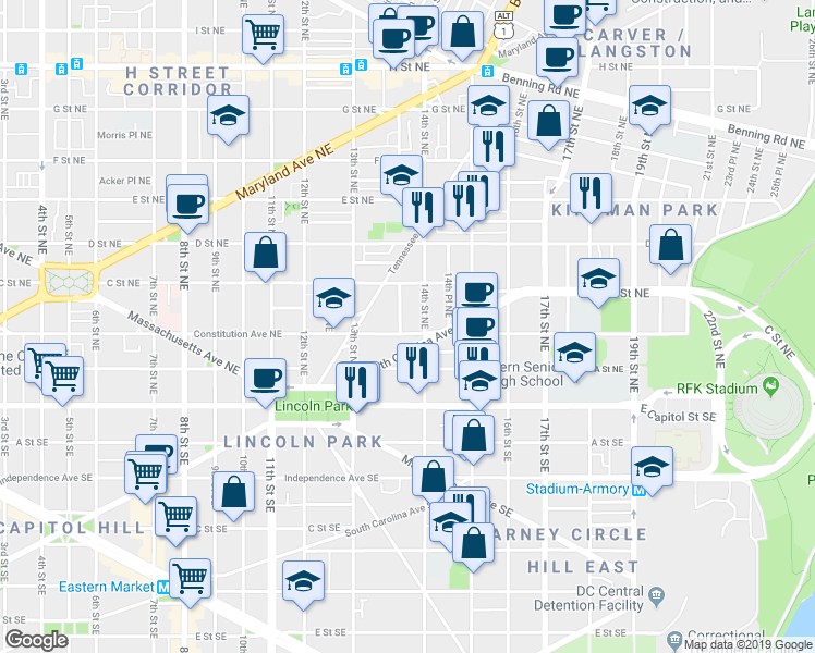 map of restaurants, bars, coffee shops, grocery stores, and more near 1352 Constitution Avenue Northeast in Washington