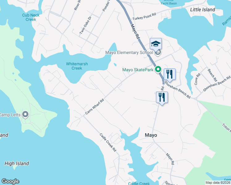 map of restaurants, bars, coffee shops, grocery stores, and more near 1109 Carrs Wharf Road in Edgewater