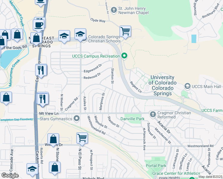 map of restaurants, bars, coffee shops, grocery stores, and more near 702 Cragmor Road in Colorado Springs