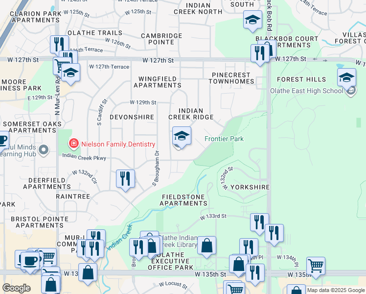 map of restaurants, bars, coffee shops, grocery stores, and more near 15800 Indian Creek Parkway in Olathe