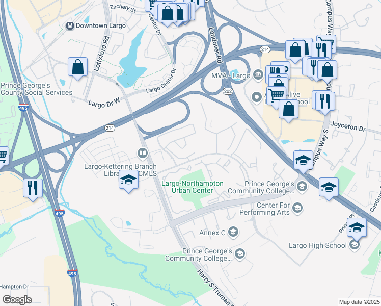 map of restaurants, bars, coffee shops, grocery stores, and more near 10008 Prince Royal Place in Upper Marlboro