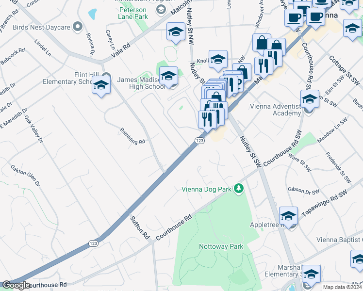 map of restaurants, bars, coffee shops, grocery stores, and more near 2702 Glengyle Drive in Vienna