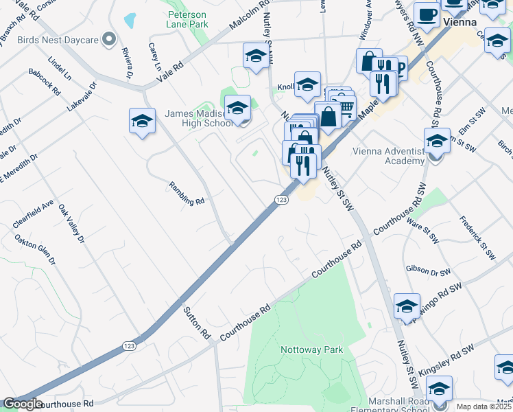 map of restaurants, bars, coffee shops, grocery stores, and more near 2684 Glengyle Drive in Vienna