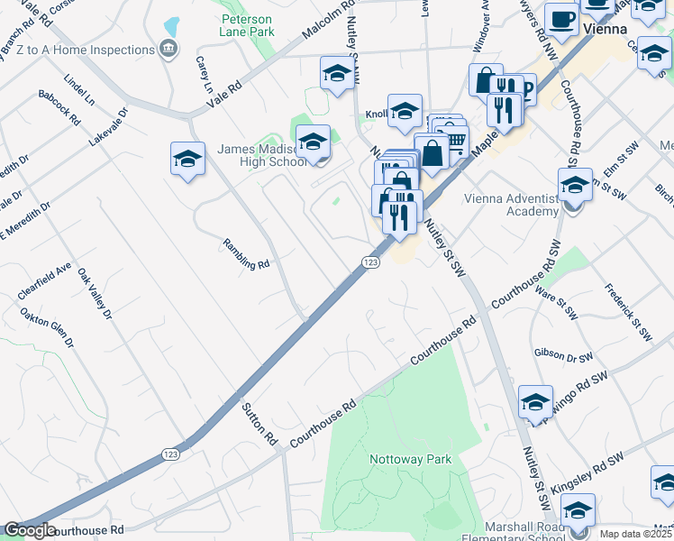 map of restaurants, bars, coffee shops, grocery stores, and more near 2702 Glengyle Drive in Vienna