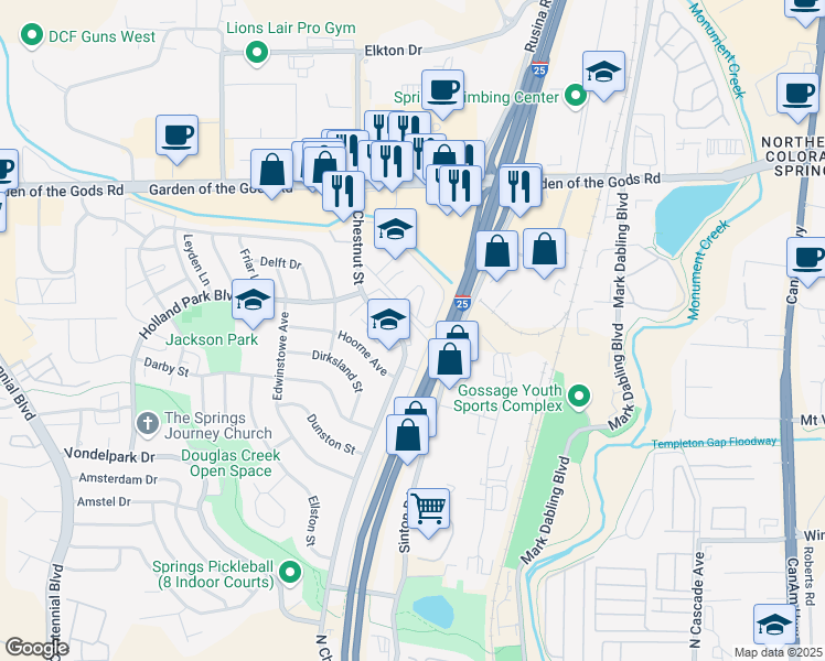 map of restaurants, bars, coffee shops, grocery stores, and more near 4327 North Chestnut Street in Colorado Springs