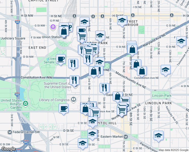 map of restaurants, bars, coffee shops, grocery stores, and more near 101 Independence Avenue Southeast in Washington