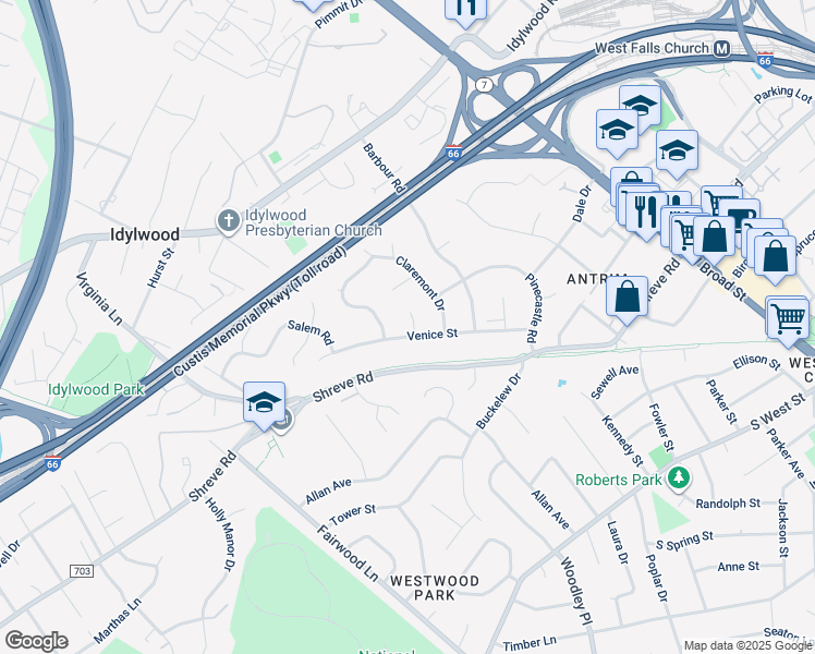 map of restaurants, bars, coffee shops, grocery stores, and more near 2430 Inglewood Court in Falls Church