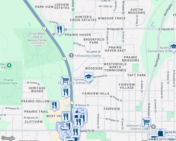 map of restaurants, bars, coffee shops, grocery stores, and more near 709 North Troost Street in Olathe