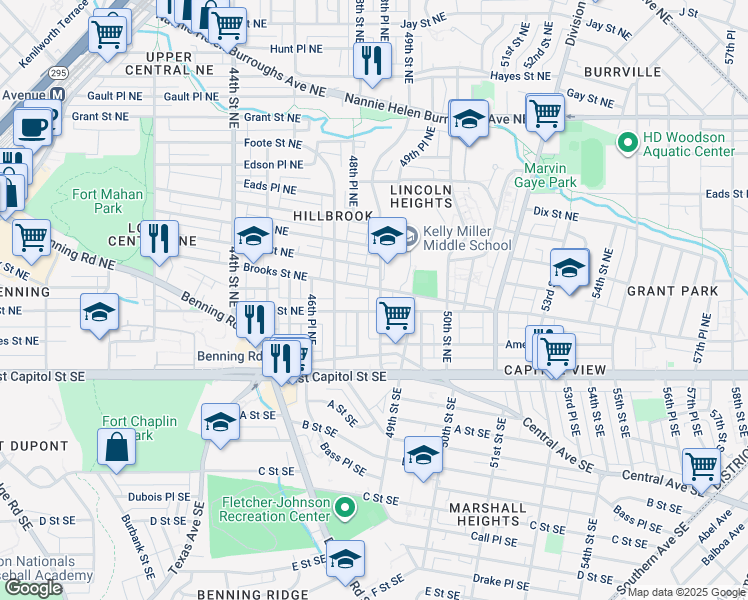 map of restaurants, bars, coffee shops, grocery stores, and more near 208 49th Street Northeast in Washington