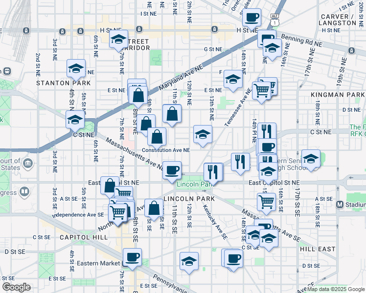 map of restaurants, bars, coffee shops, grocery stores, and more near 1118 Constitution Avenue Northeast in Washington