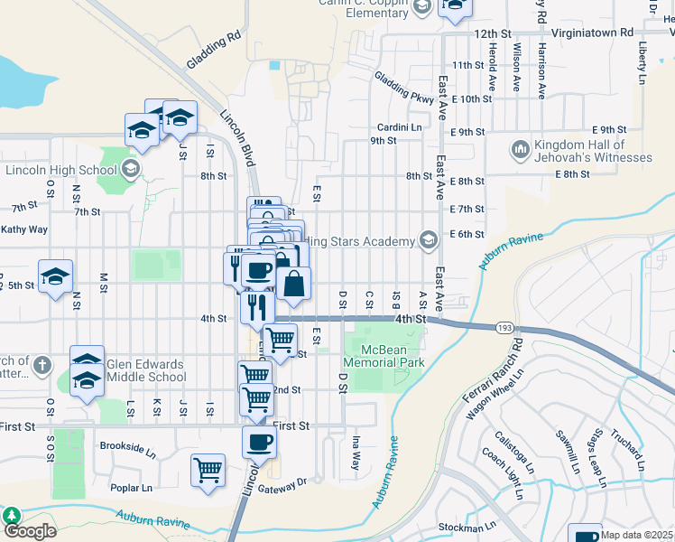 map of restaurants, bars, coffee shops, grocery stores, and more near 530 D Street in Lincoln