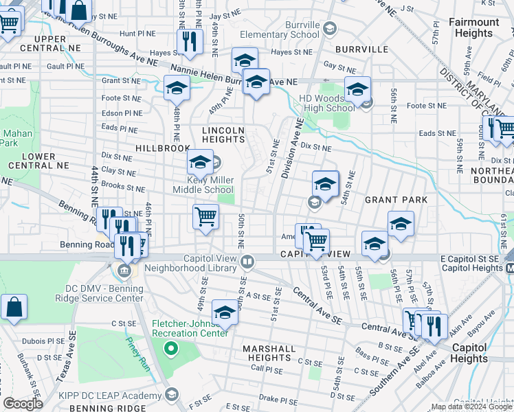 map of restaurants, bars, coffee shops, grocery stores, and more near 5100 Brooks Street Northeast in Washington