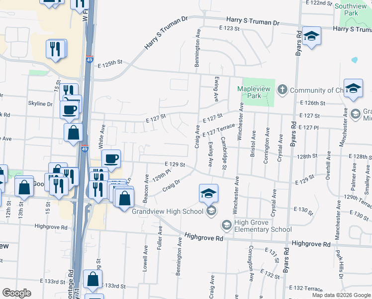 map of restaurants, bars, coffee shops, grocery stores, and more near 6624 East 128 Terrace in Grandview
