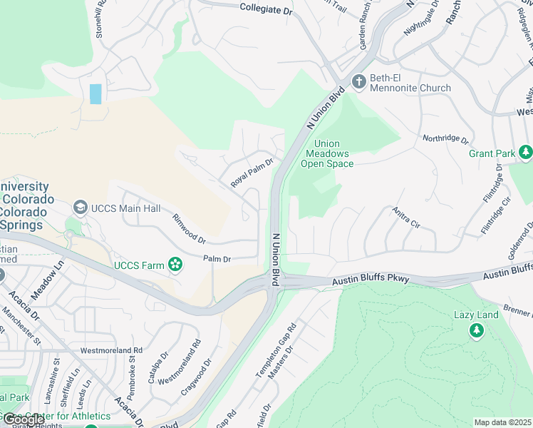 map of restaurants, bars, coffee shops, grocery stores, and more near 2037 Palm Drive in Colorado Springs