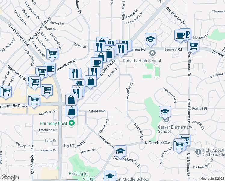 map of restaurants, bars, coffee shops, grocery stores, and more near 4160 Orchid Street in Colorado Springs