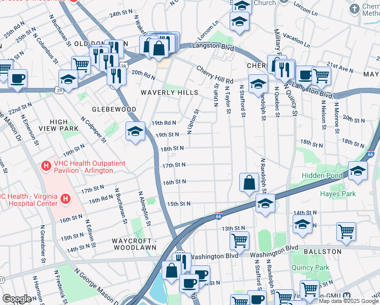 map of restaurants, bars, coffee shops, grocery stores, and more near 4440 18th Street North in Arlington
