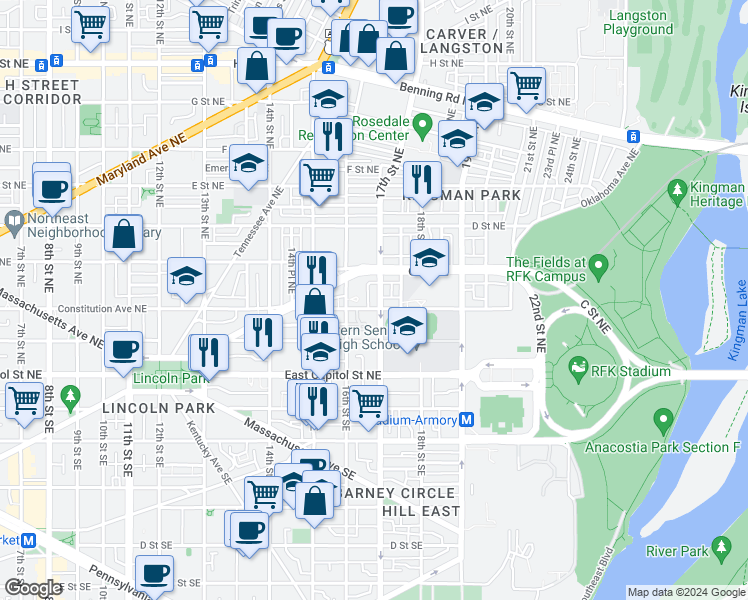 map of restaurants, bars, coffee shops, grocery stores, and more near 206 17th Street Northeast in Washington