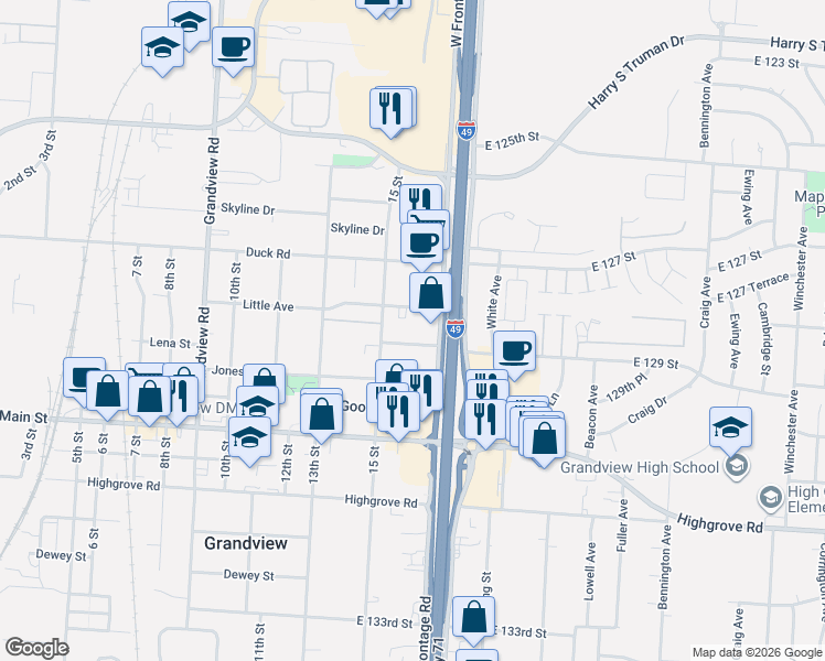 map of restaurants, bars, coffee shops, grocery stores, and more near 1508 Thomas Avenue in Grandview