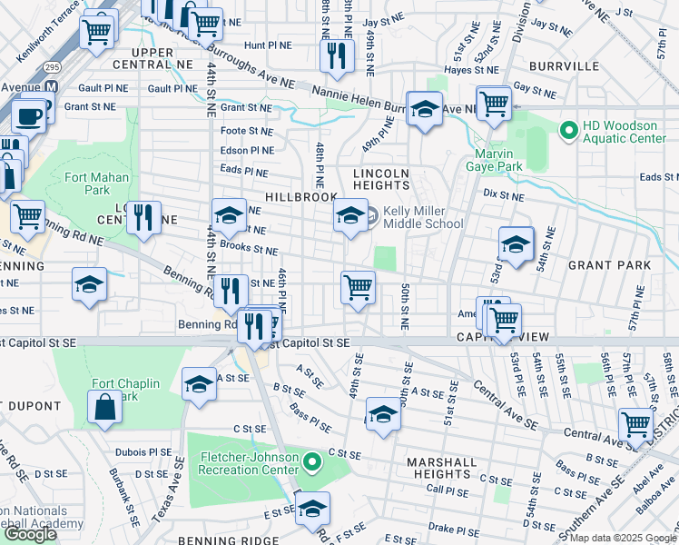 map of restaurants, bars, coffee shops, grocery stores, and more near 208 49th Street Northeast in Washington