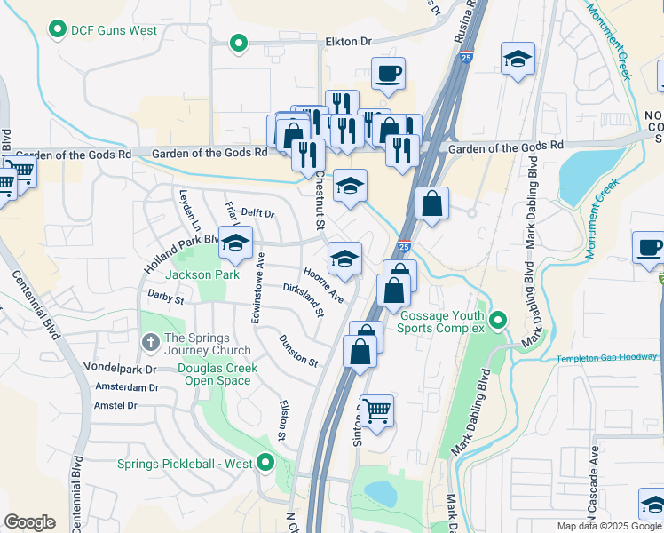 map of restaurants, bars, coffee shops, grocery stores, and more near 802 Hoorne Avenue in Colorado Springs