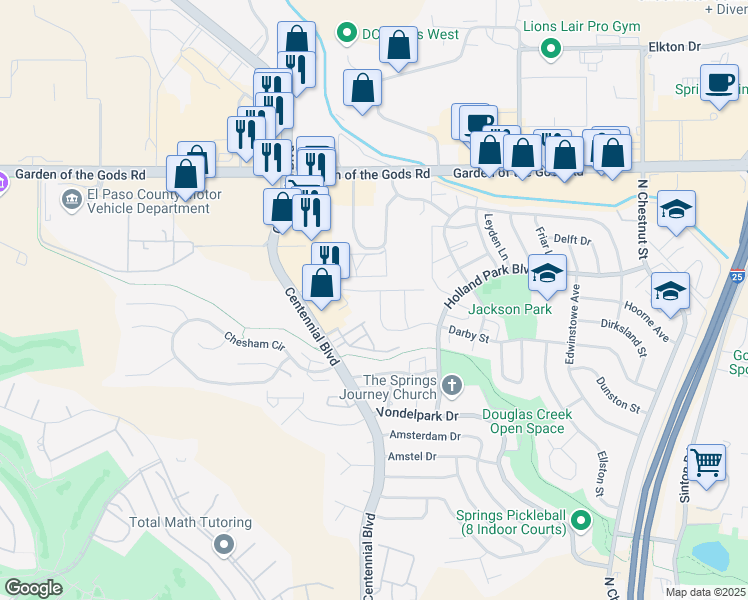 map of restaurants, bars, coffee shops, grocery stores, and more near 1413 Darby Street in Colorado Springs