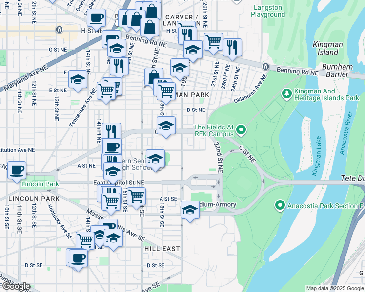 map of restaurants, bars, coffee shops, grocery stores, and more near 101 Independence Avenue Southeast in Washington