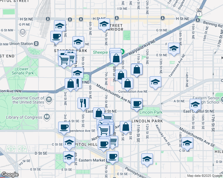 map of restaurants, bars, coffee shops, grocery stores, and more near 101 Independence Avenue Southeast in Washington