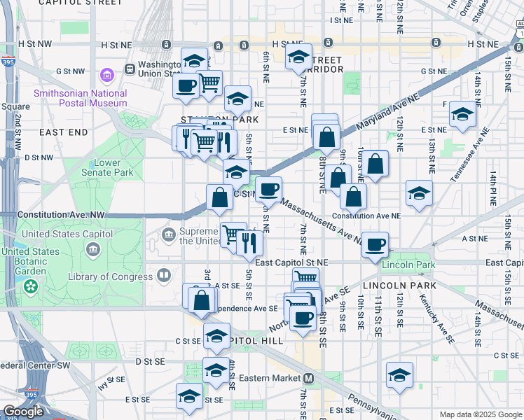 map of restaurants, bars, coffee shops, grocery stores, and more near 101 Independence Avenue Southeast in Washington