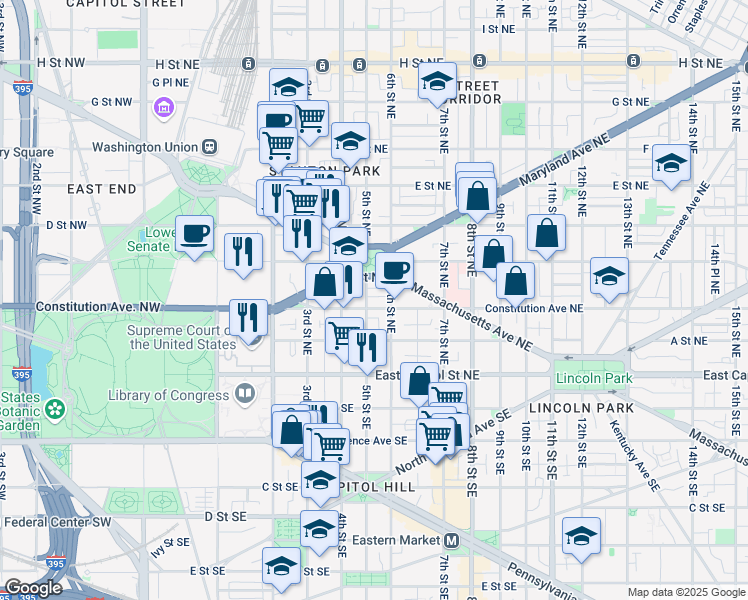 map of restaurants, bars, coffee shops, grocery stores, and more near 101 Independence Avenue Southeast in Washington