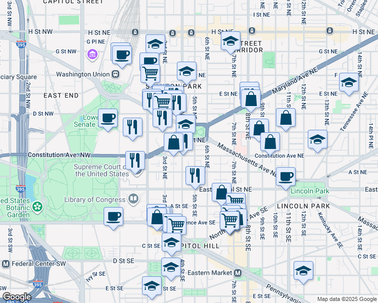 map of restaurants, bars, coffee shops, grocery stores, and more near 101 Independence Avenue Southeast in Washington
