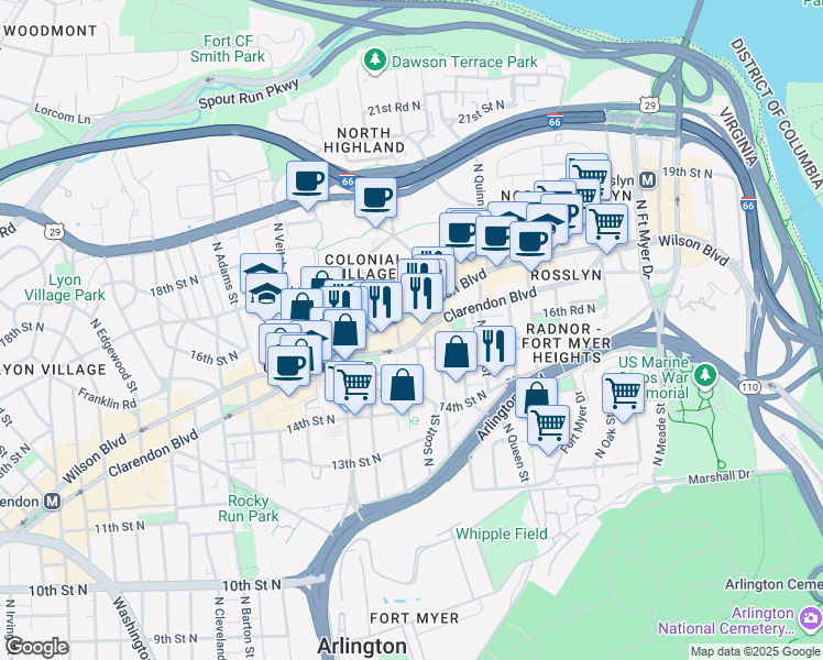 map of restaurants, bars, coffee shops, grocery stores, and more near 101 Independence Avenue Southeast in Washington