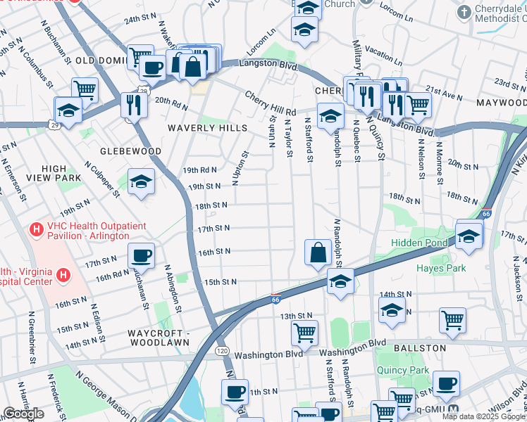 map of restaurants, bars, coffee shops, grocery stores, and more near 1718 North Utah Street in Arlington